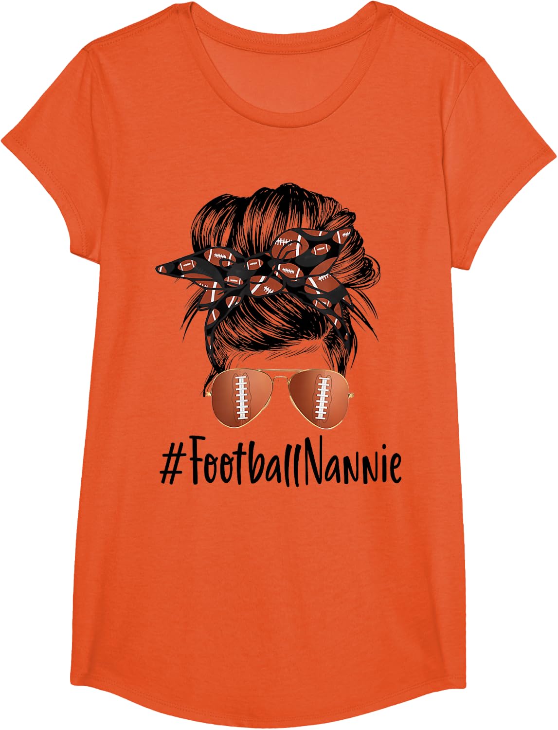 Football Nannie Life Messy Bun Football Player Mother's Day T-Shirt - Girls Orange