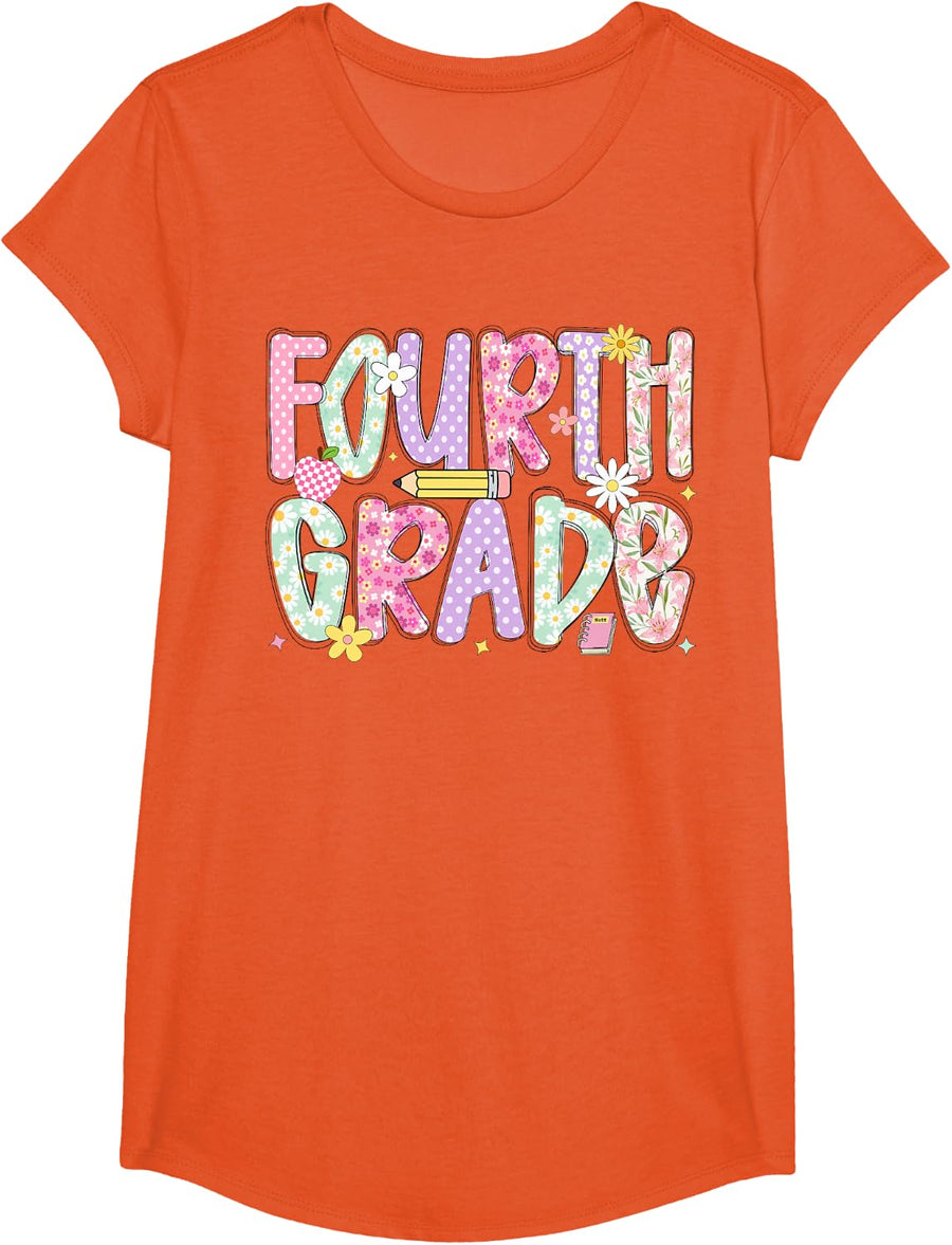 Hello 4th Grade Shirt Girls Back to School Fourth Grade Teacher Tee T-Shirt - Girls Orange