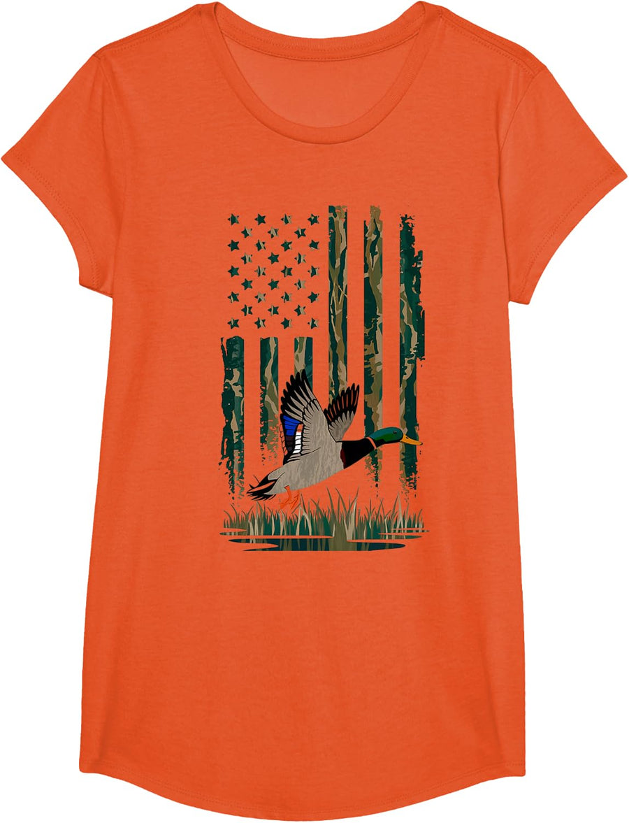 Duck Hunting Shirt Men Boys Kids Waterfowl Hunters Camo Flag T-Shirt - Girls Orange