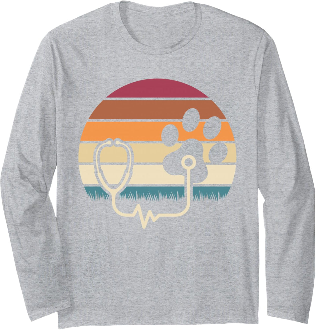 Retro Paw Stethoscope Vet Tech Funny Veterinary Technician Long Sleeve T-Shirt - Adult Unisex Heather Grey