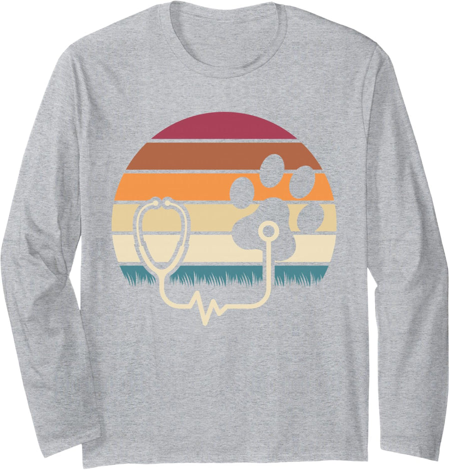 Retro Paw Stethoscope Vet Tech Funny Veterinary Technician Long Sleeve T-Shirt - Adult Unisex Heather Grey