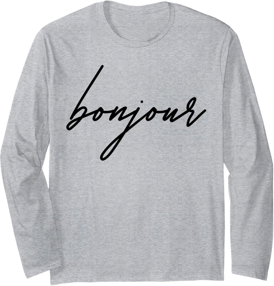 Womens Cute Bonjour Fashion Travel French Paris Graphic Tee Long Sleeve T-Shirt - Adult Unisex Heather Grey
