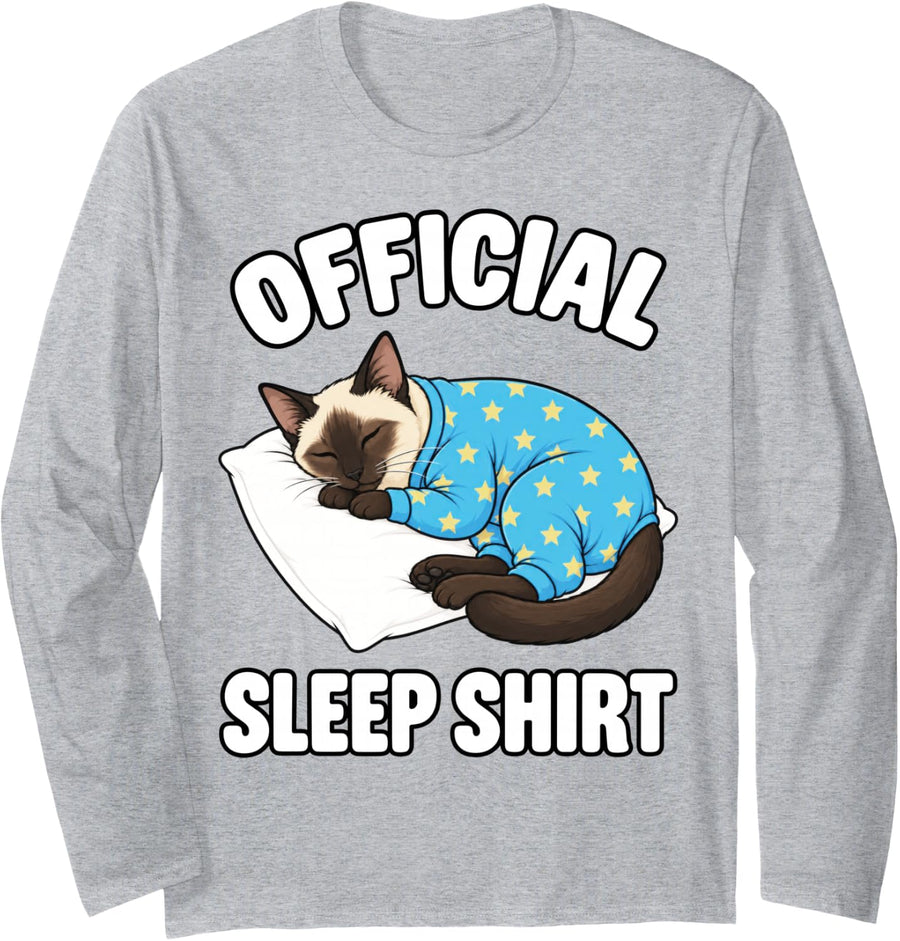 Siamese Cat Sleeping in Pajamas Official Sleepshirt Cute Long Sleeve T-Shirt - Adult Unisex Heather Grey