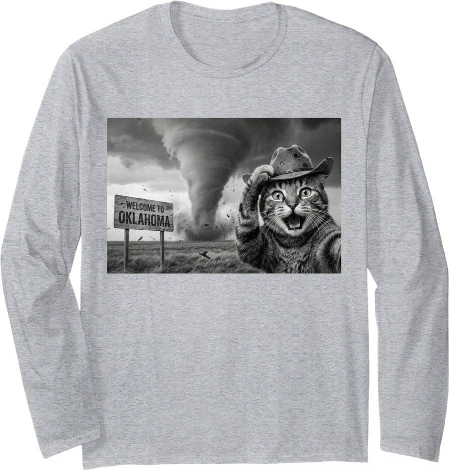 Funny Cat Selfie Tornado Oklahoma Storm Chaser Cowboy Hat Long Sleeve T-Shirt - Adult Unisex Heather Grey