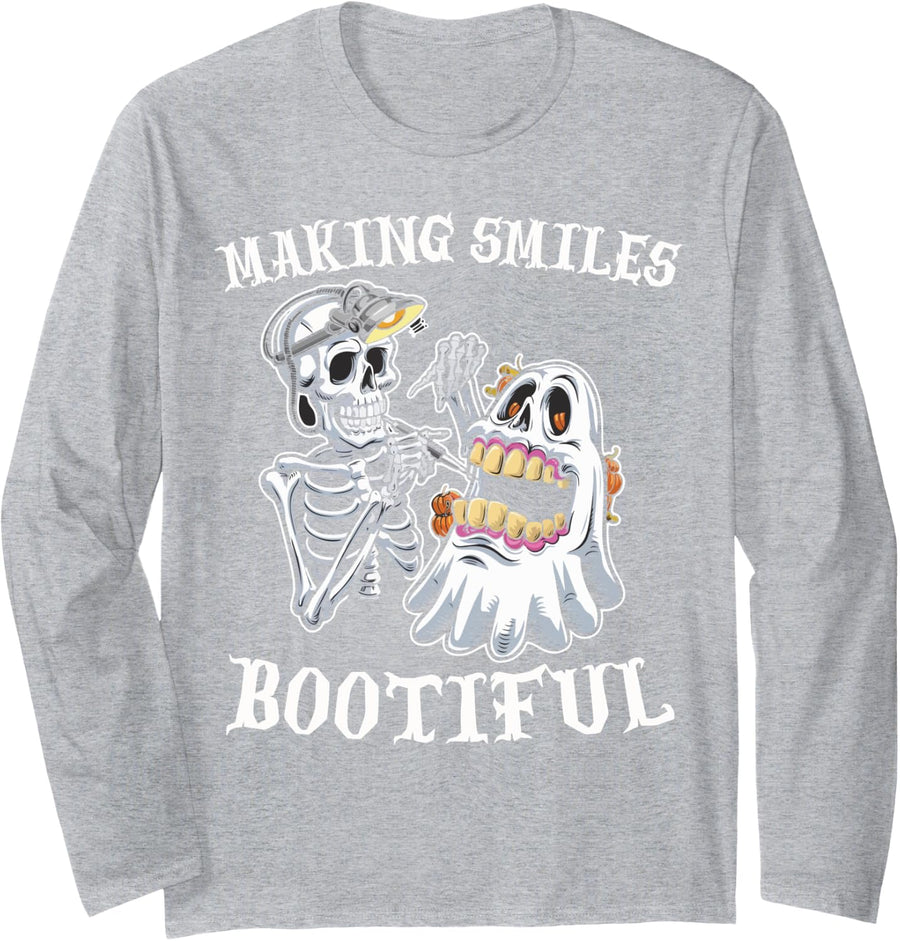 Making Smiles Bootiful Funny Ghost Dentist Halloween Dental Long Sleeve T-Shirt - Adult Unisex Heather Grey