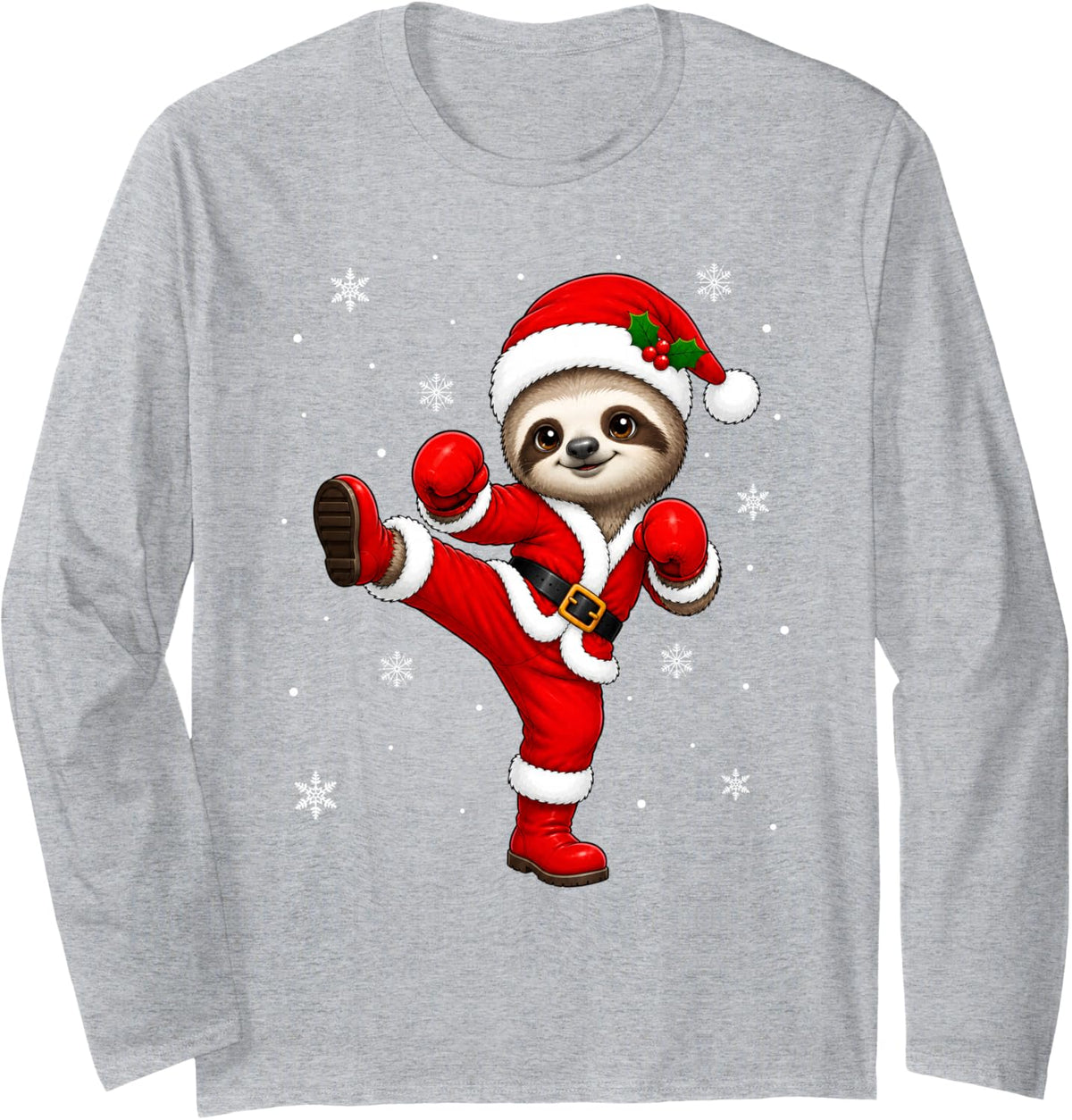 Funny Sloth Martial Arts Kickboxing Santa Sloth Christmas Long Sleeve T-Shirt - Adult Unisex Heather Grey