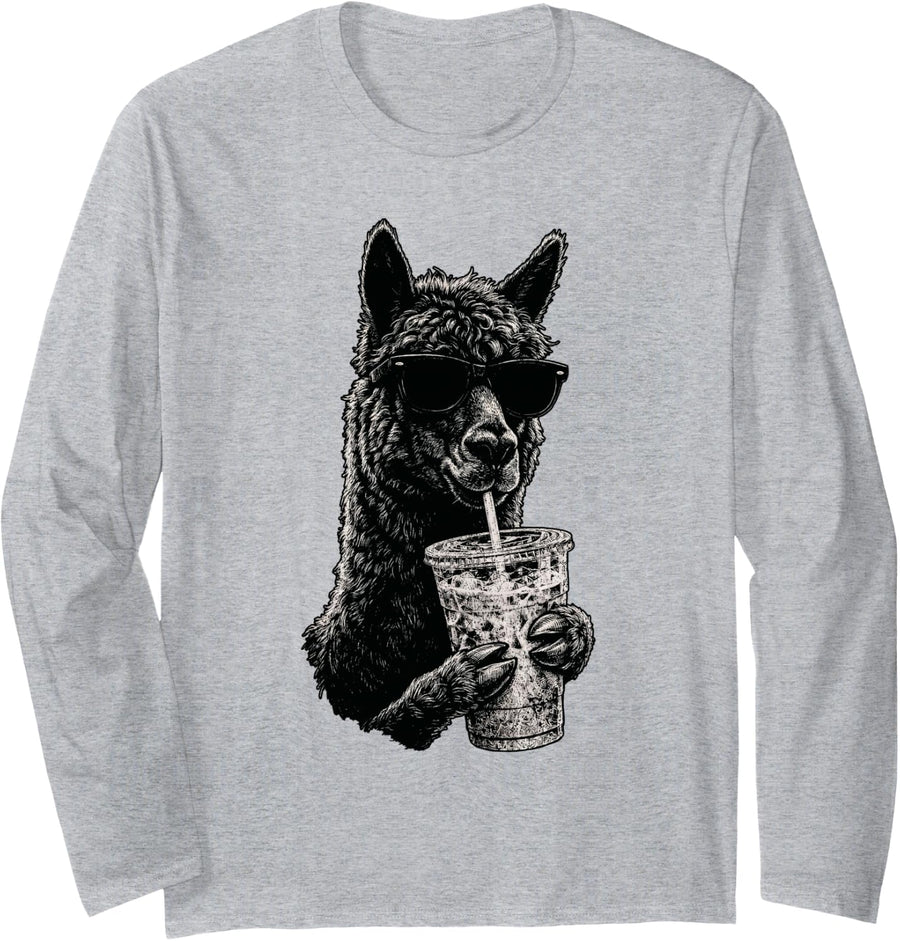 Alpaca Drinking Iced Coffee Llama Wildlife Animal Humor Long Sleeve T-Shirt - Adult Unisex Heather Grey