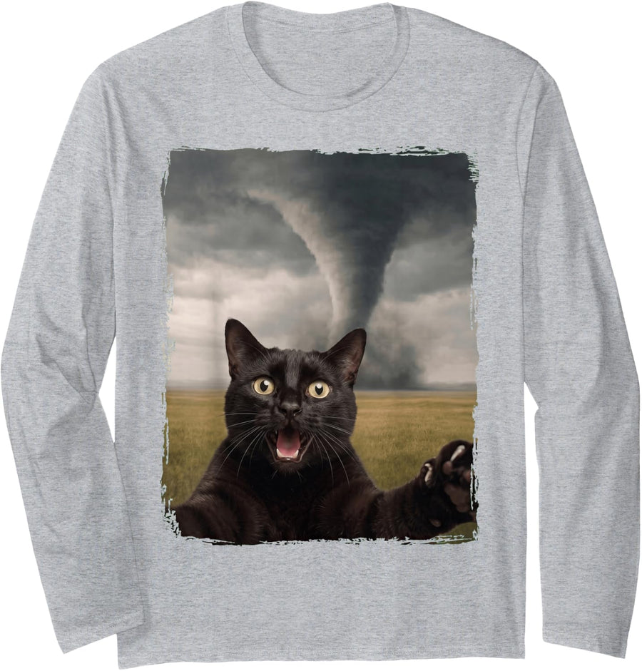 Black Cat Tornado Selfie Long Sleeve T-Shirt - Adult Unisex Heather Grey