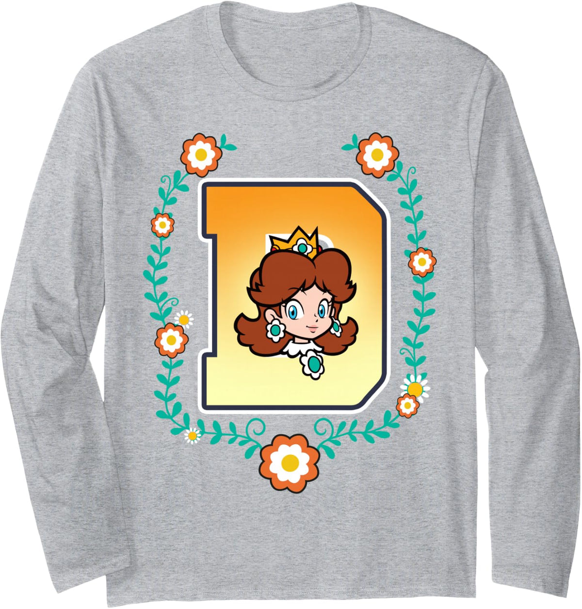 Super Mario Princess Daisy University Letter Portrait Logo Long Sleeve T-Shirt - Adult Unisex Heather Grey