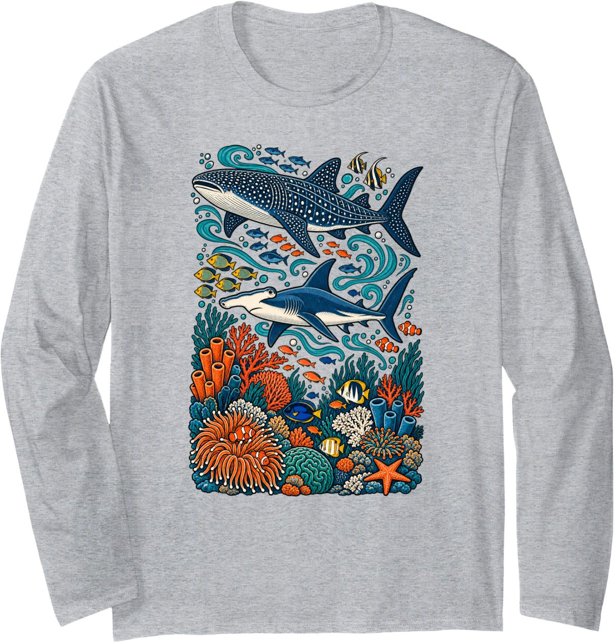 Whale Shark Hammerhead Ocean Life Long Sleeve T-Shirt - Adult Unisex Heather Grey