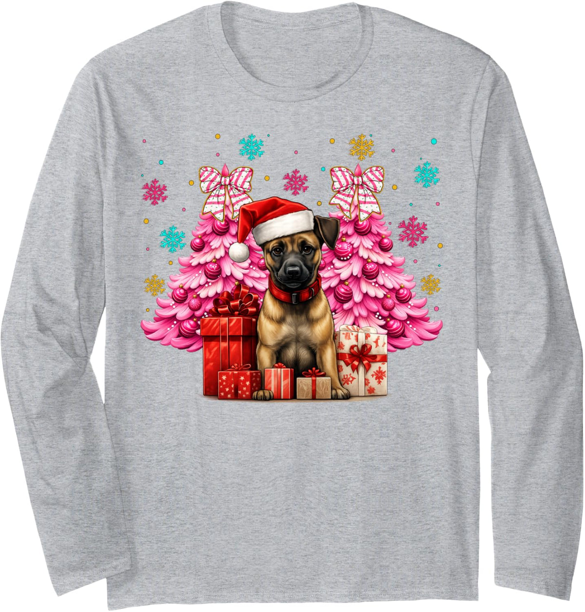 Santa Belgian Malinois Christmas Puppy Dog Xmas Boys Girls Long Sleeve T-Shirt - Adult Unisex Heather Grey