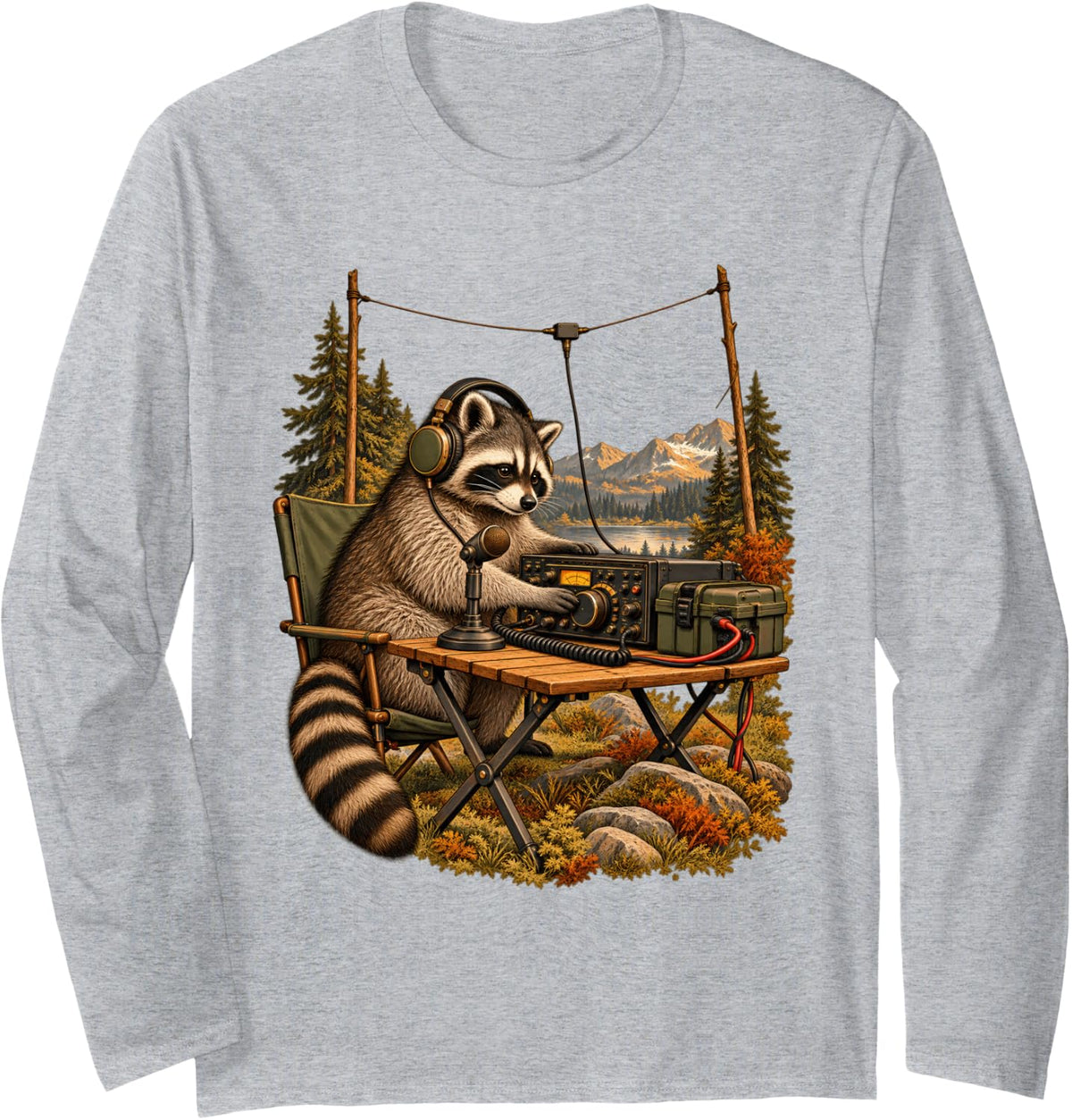 Raccoon Ham Radio Field Operator Amateur Radio Long Sleeve T-Shirt - Adult Unisex Heather Grey