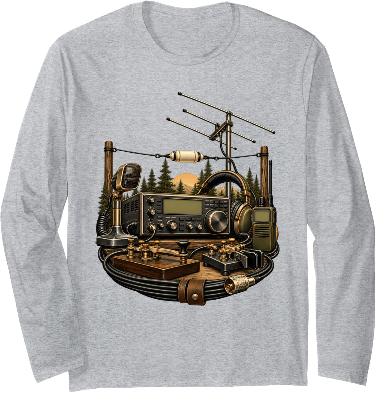 Ham Radio Equipment Collection Amateur Operator Long Sleeve T-Shirt - Adult Unisex Heather Grey