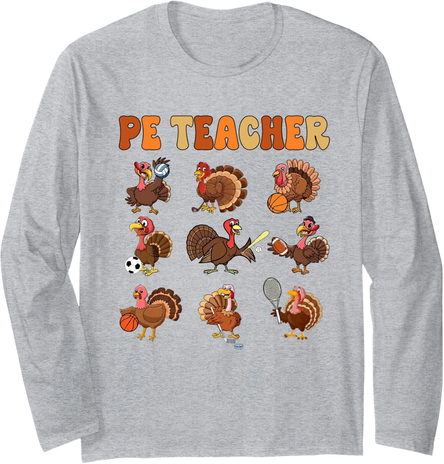 Thanksgiving PE Teacher Turkey Playing Football Baseball Long Sleeve T-Shirt - Adult Unisex Heather Grey
