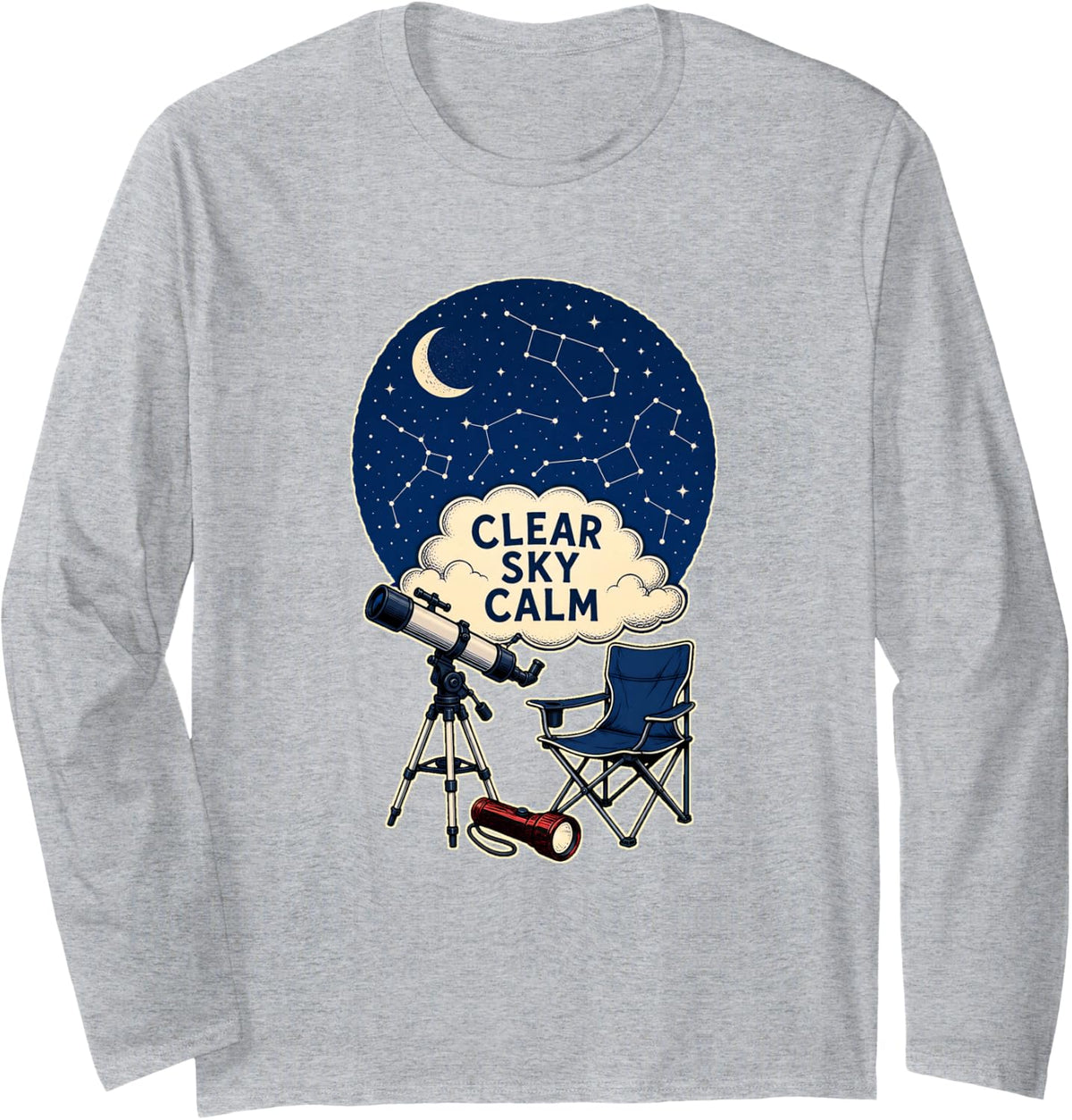 Clear Sky Calm Astronomy Night Telescope Star Party Long Sleeve T-Shirt - Adult Unisex Heather Grey
