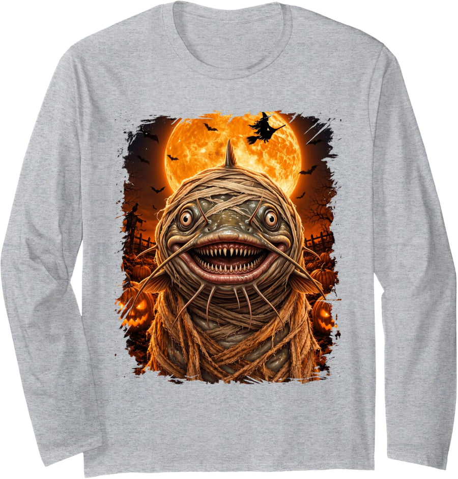 Creepy Catfish Fish Halloween Night Long Sleeve T-Shirt - Adult Unisex Heather Grey