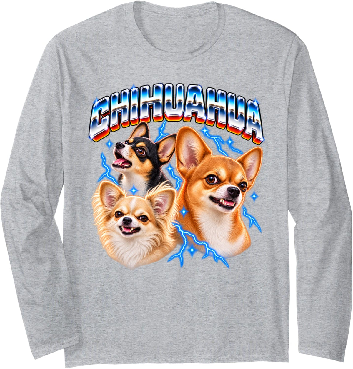 Vintage Chihuahua Retro 1980s Lightning Art for Dog Lovers Long Sleeve T-Shirt - Adult Unisex Heather Grey