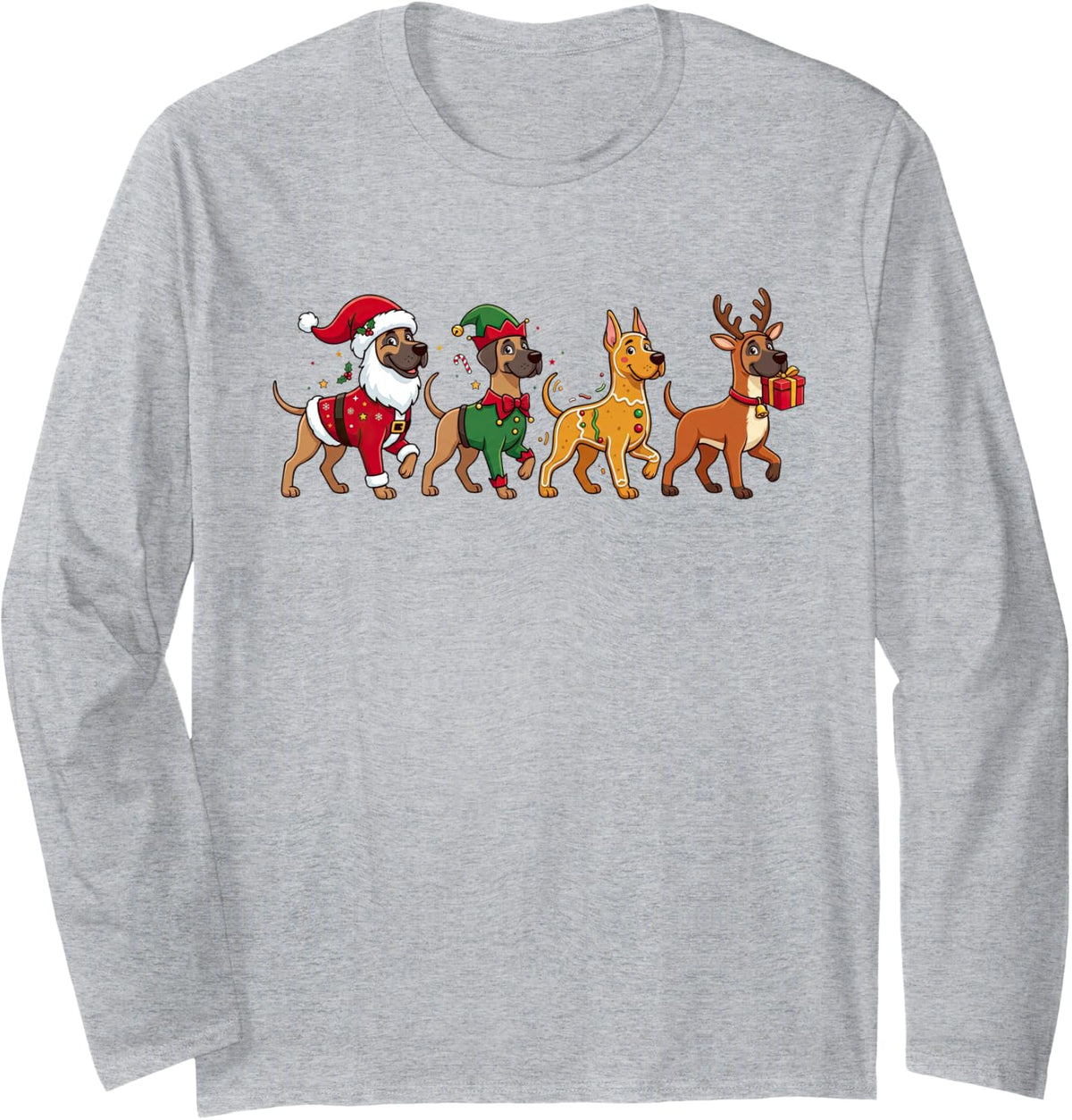Funny Christmas Great Dane Santa Elf Gingerbread Womens Mens Long Sleeve T-Shirt - Adult Unisex Heather Grey