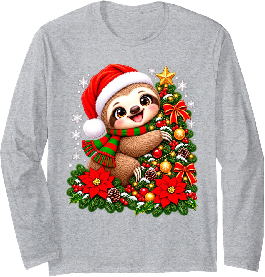Christmas Tree Sloth Santa Hat Men Women Kids Long Sleeve T-Shirt - Adult Unisex Heather Grey