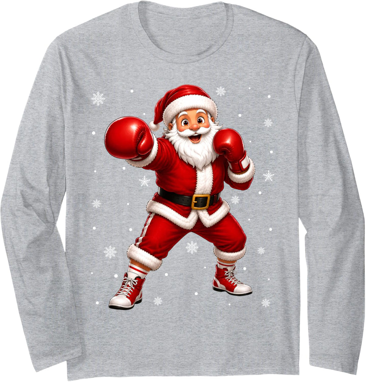 Funny Boxing Santa Claus Festive Christmas Long Sleeve T-Shirt - Adult Unisex Heather Grey