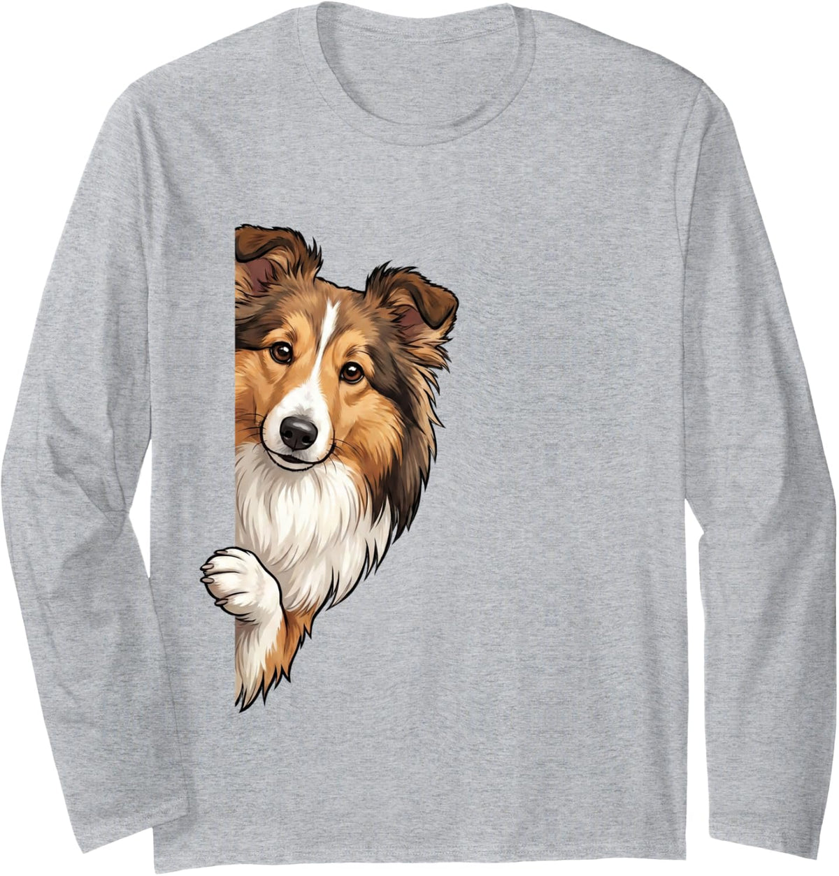 Funny Shetland Sheepdog Peeking from Side Dog Owner Long Sleeve T-Shirt - Adult Unisex Heather Grey