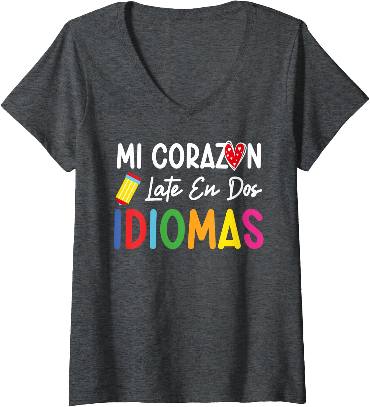 Womens Mi corazon late en dos idiomas bilingual Spanish Teacher V-Neck T-Shirt - Dark Heather Grey