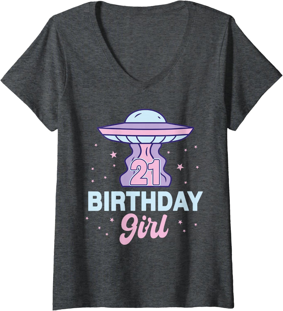 Women's 21 Birthday Girl Alien Theme Party UFO Space Galaxy V-Neck T-Shirt - Dark Heather Grey