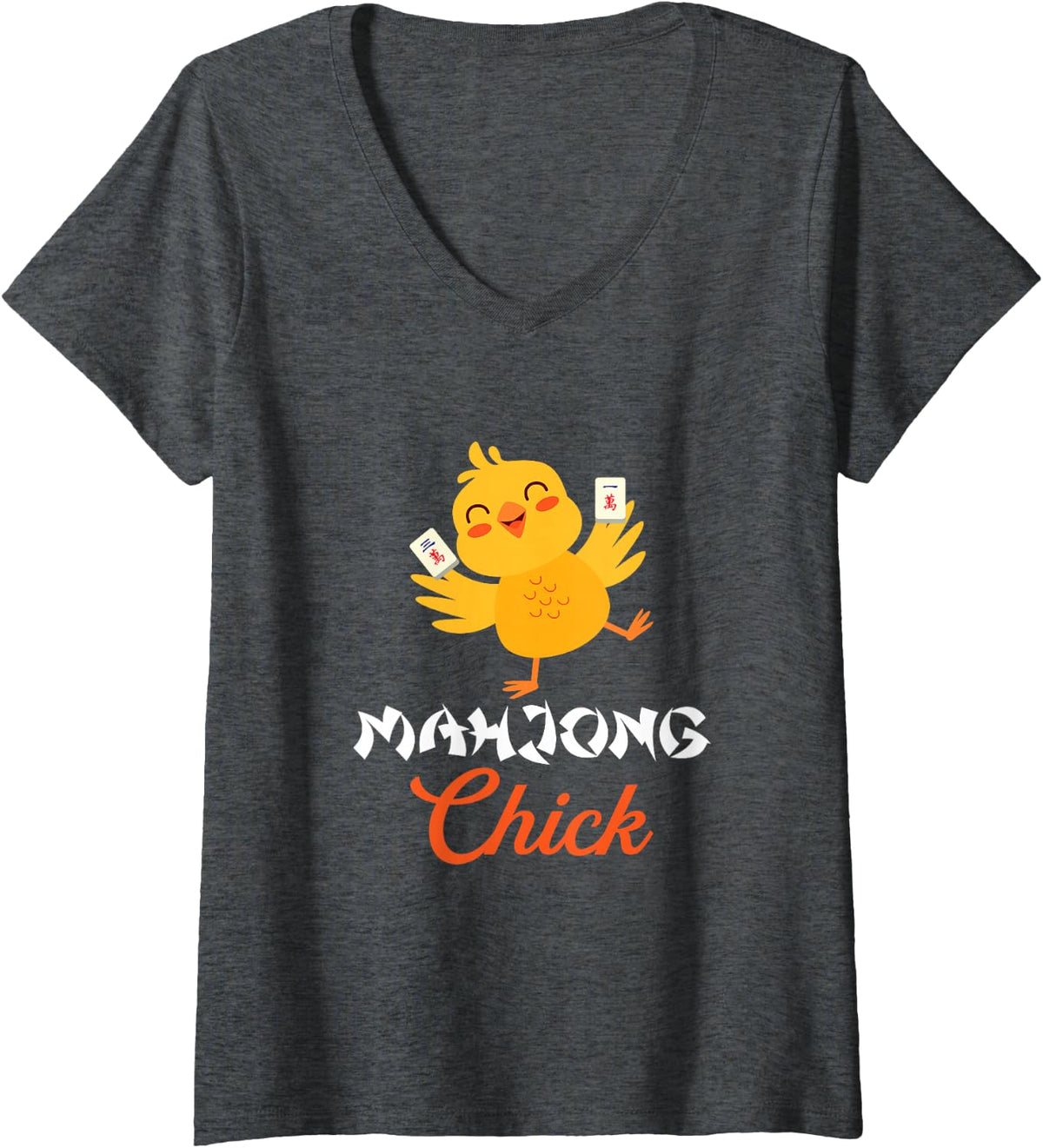 Womens Mahjong Chick | Chinese Board Game | Mah-Jongg Player V-Neck T-Shirt - Dark Heather Grey
