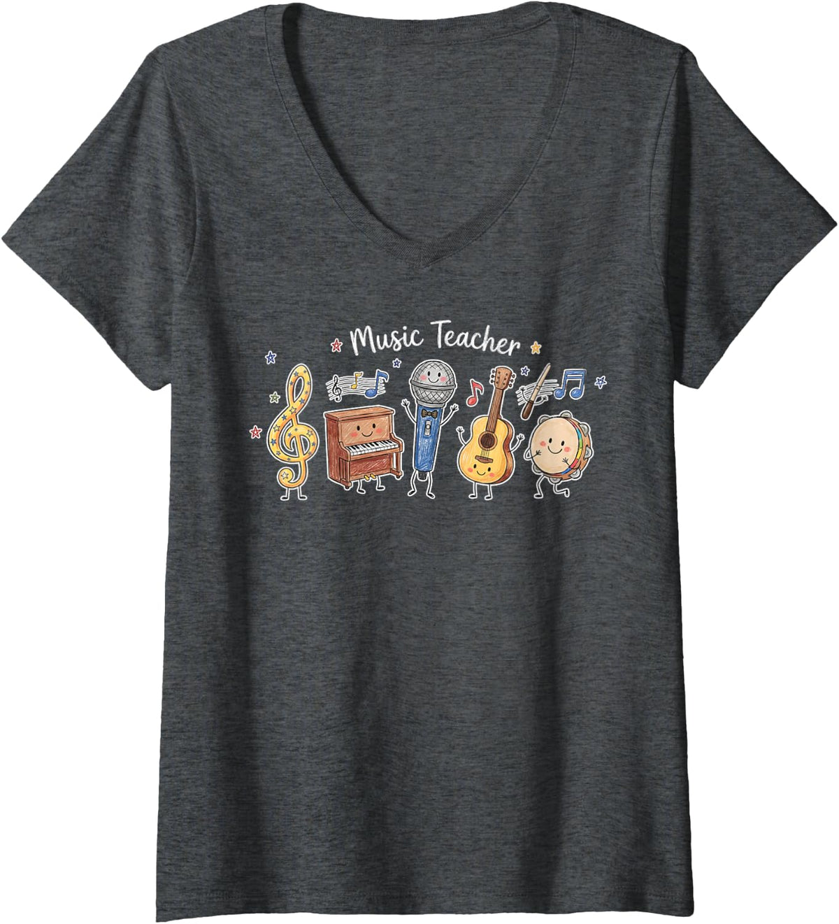 Women's Cute Music Teacher Musical Instruments Back to School Choir V-Neck T-Shirt - Dark Heather Grey