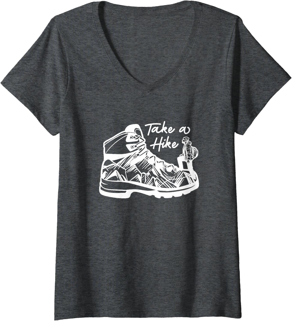 Women's Take A Hike Hiking Boots Mountain Trail Adventure Classic V-Neck T-Shirt - Dark Heather Grey