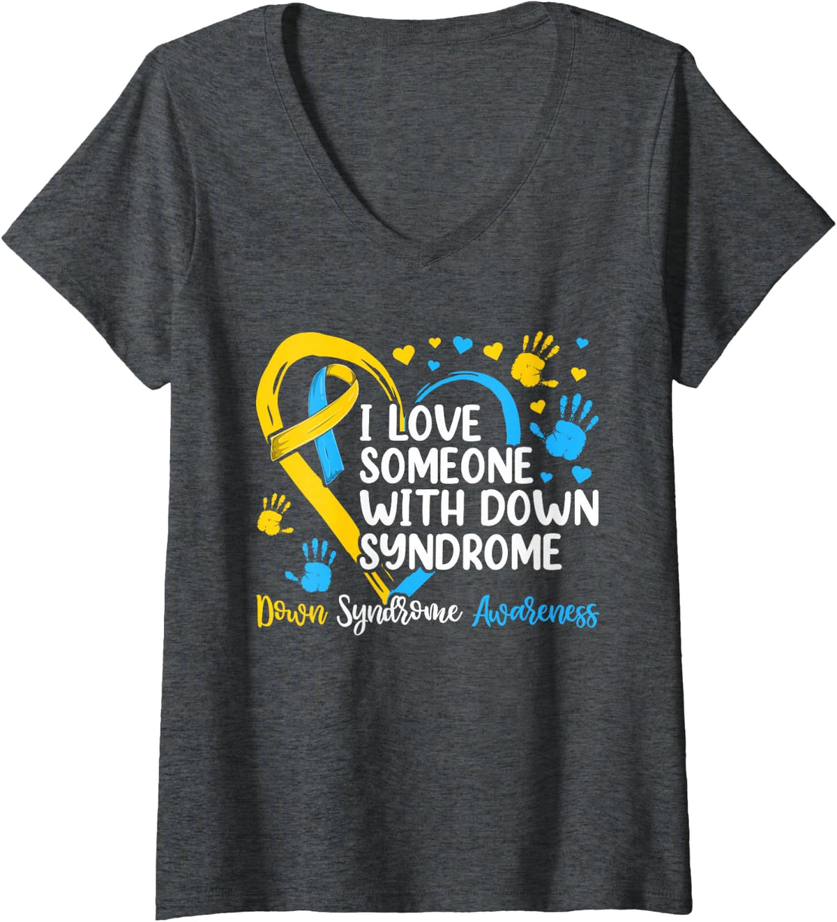 Women's I Love Someone with Down Syndrome Shirts, Mom Heart Ribbon V-Neck T-Shirt - Dark Heather Grey