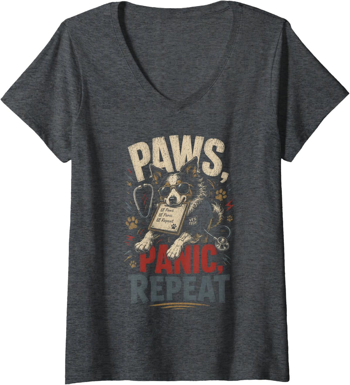 Women's Retro Vet Tech Paws Panic Repeat Funny Veterinary Assistant V-Neck T-Shirt - Dark Heather Grey
