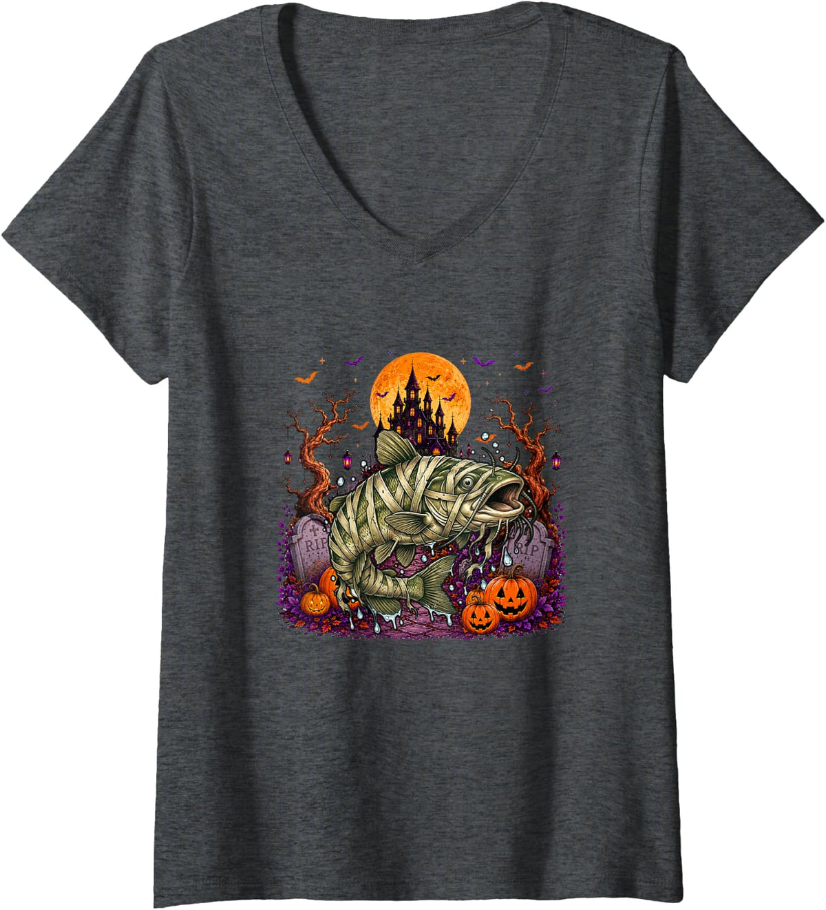 Women's Catfish Cosplay Mummy Halloween Horror Carved Pumpkins V-Neck T-Shirt - Dark Heather Grey