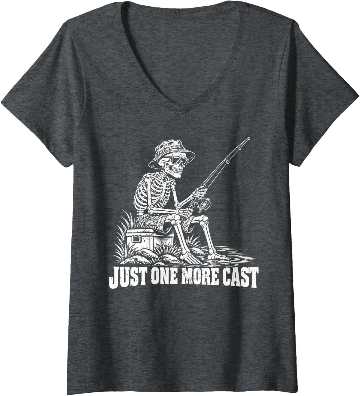 Women's Just One More Cast Skeleton Fishing Fisherman Angler Outdoor V-Neck T-Shirt - Dark Heather Grey