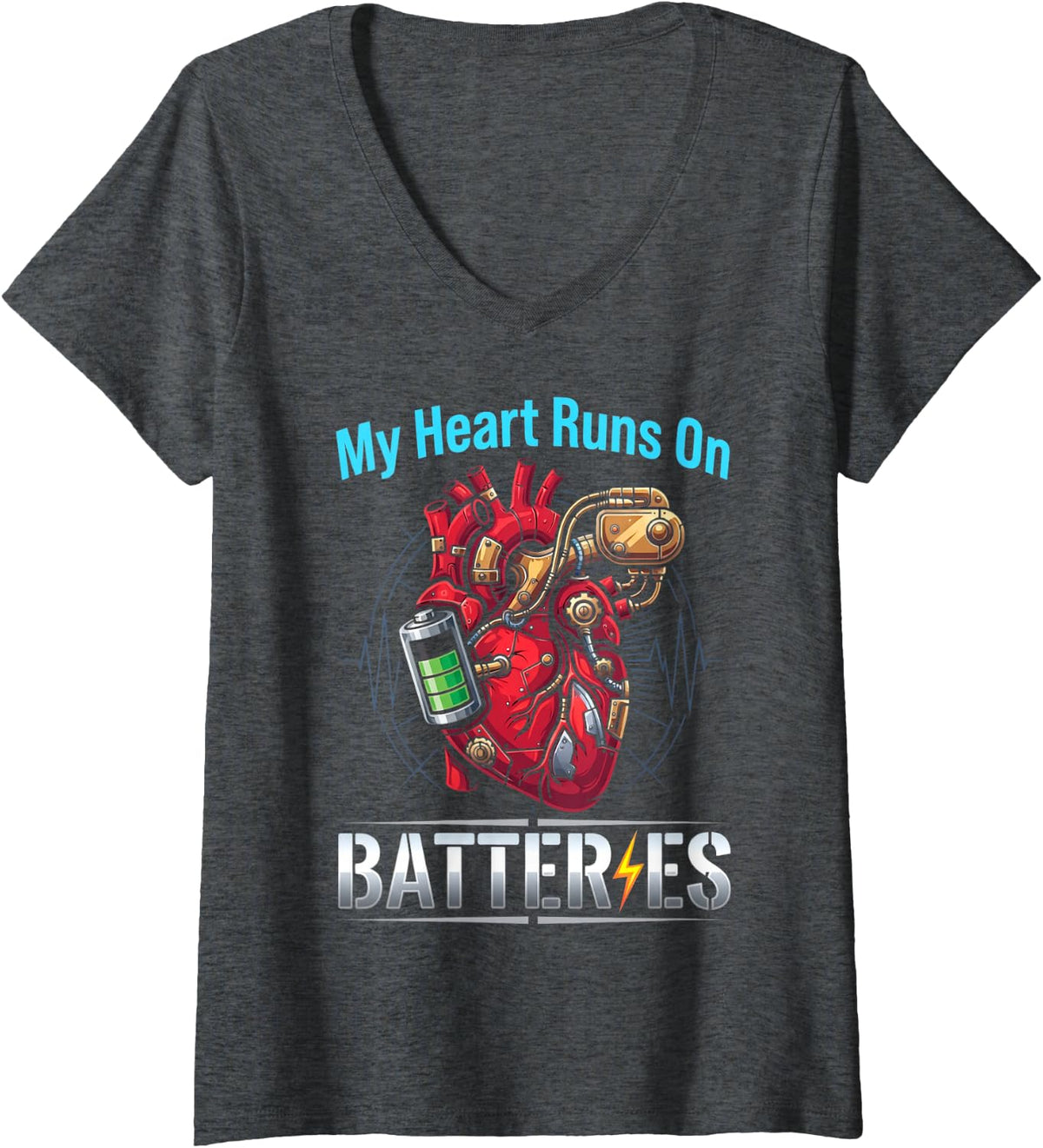 Women's Heart Runs On Battery Recovery Heart Implantation Pacemaker V-Neck T-Shirt - Dark Heather Grey