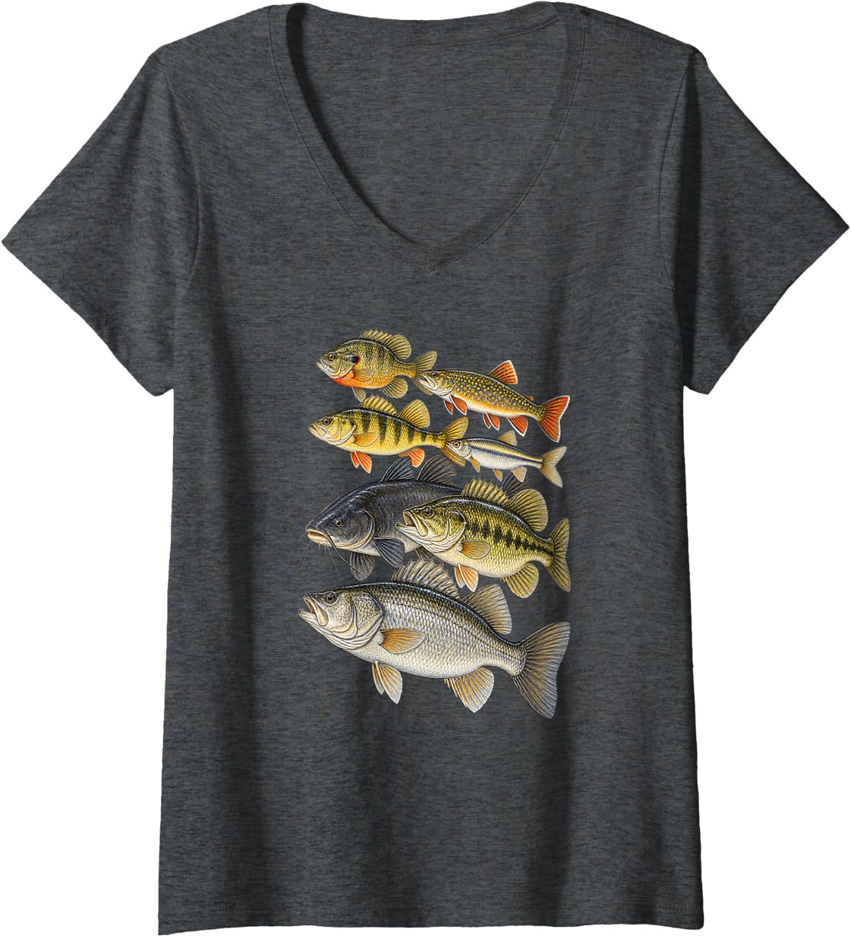 Women's Freshwater Fishing Bass Trout Catfish Perch V-Neck T-Shirt - Dark Heather Grey