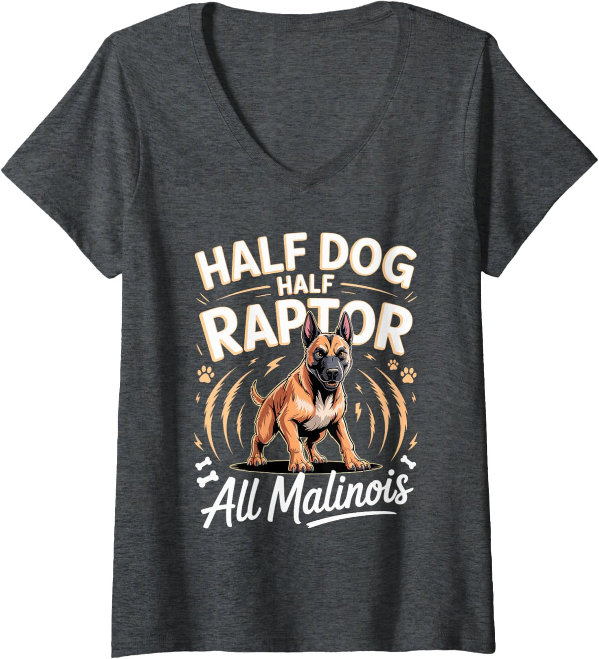 Women's Half Dog Half Raptor All Malinois V-Neck T-Shirt - Dark Heather Grey