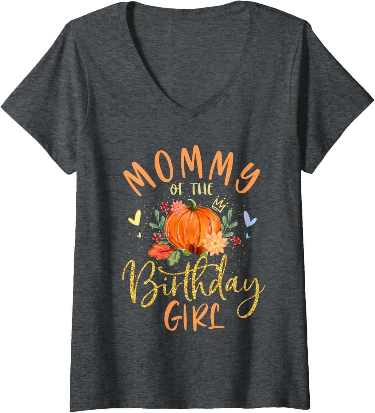 Womens Mommy Of The Birthday Girl Pumpkin Themed Mother Mama Mom V-Neck T-Shirt - Dark Heather Grey