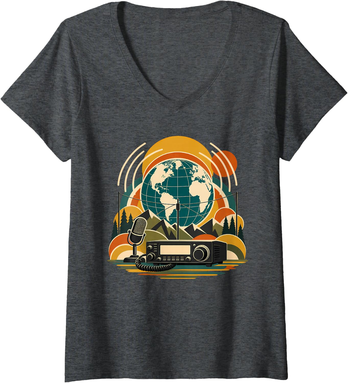 Women's Mid Century World Ham Radio Amateur Operator V-Neck T-Shirt - Dark Heather Grey