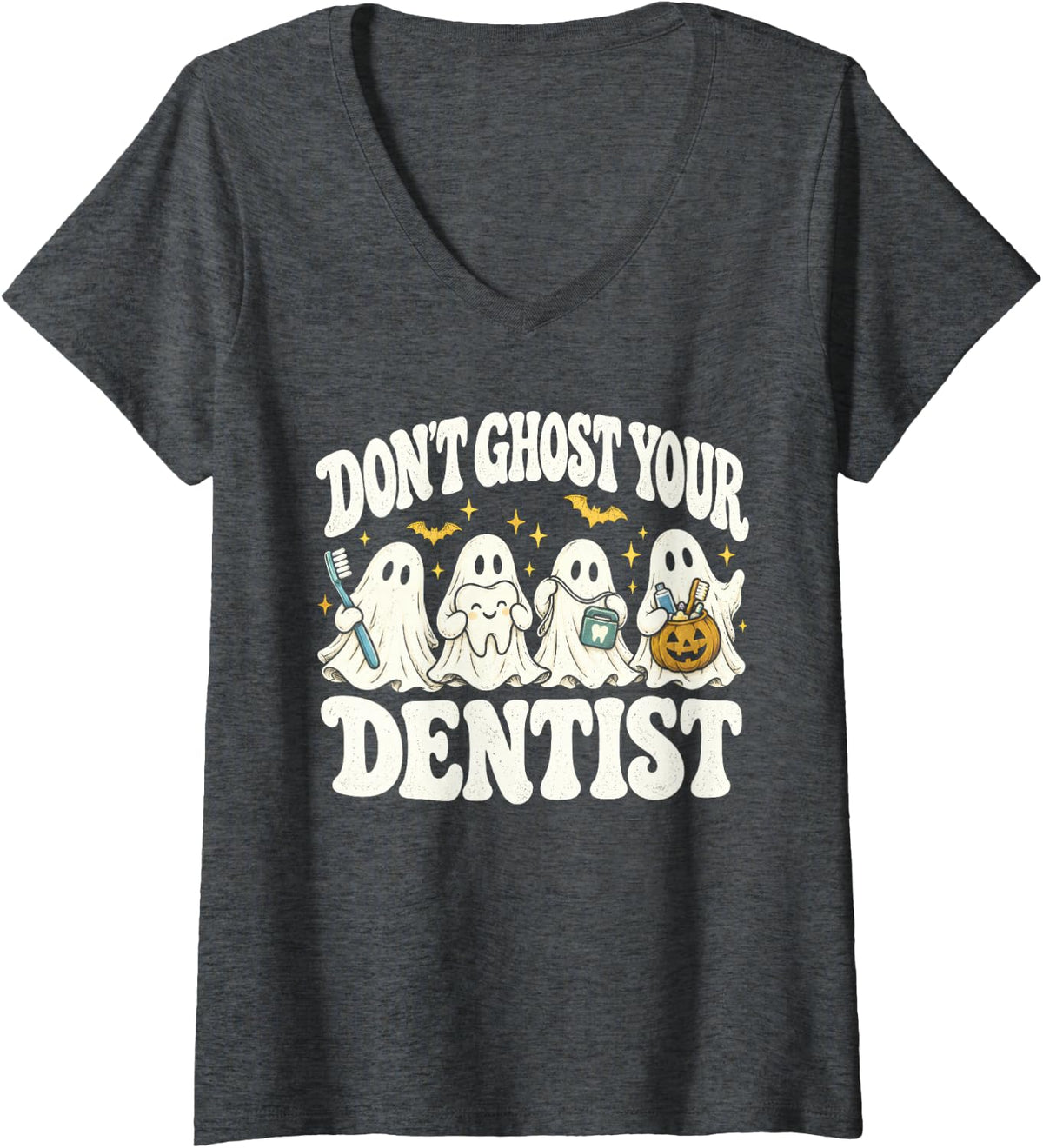 Women's Don't Ghost Your Dentist Halloween Ghost Oral Health V-Neck T-Shirt - Dark Heather Grey