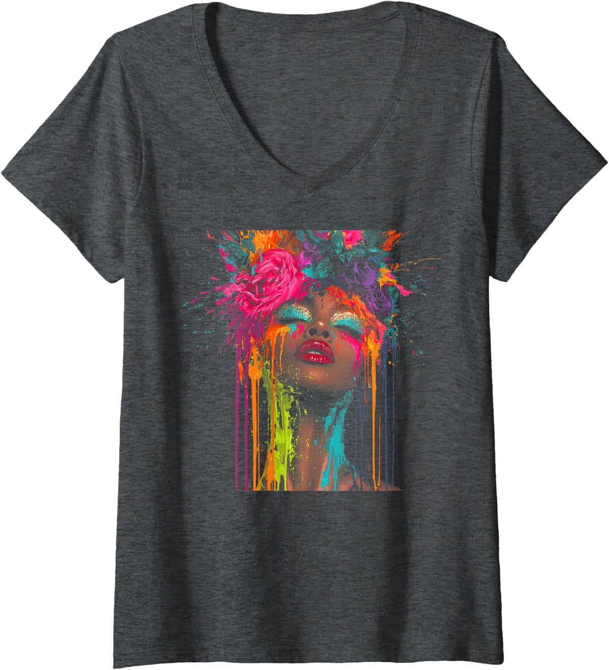 Women's Black Queen Floral Afro Hairstyle Dripping Face Portrait V-Neck T-Shirt - Dark Heather Grey
