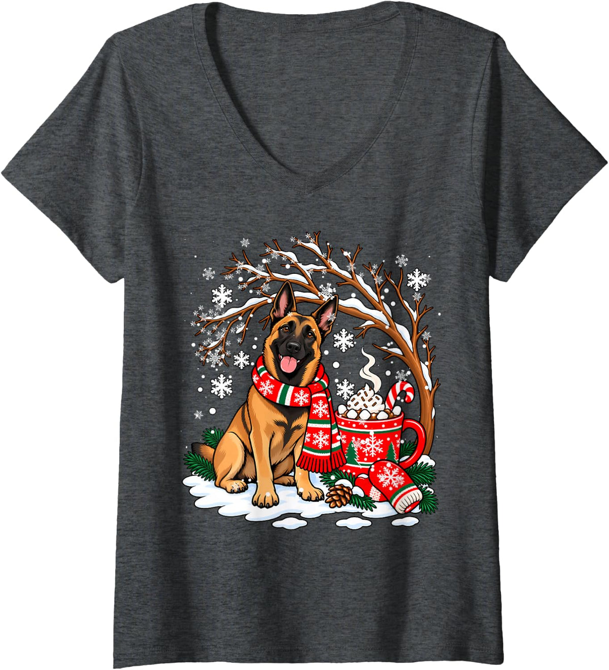 Women's Funny Belgian Malinois Dog Snow Tree Christmas Winter Xmas V-Neck T-Shirt - Dark Heather Grey