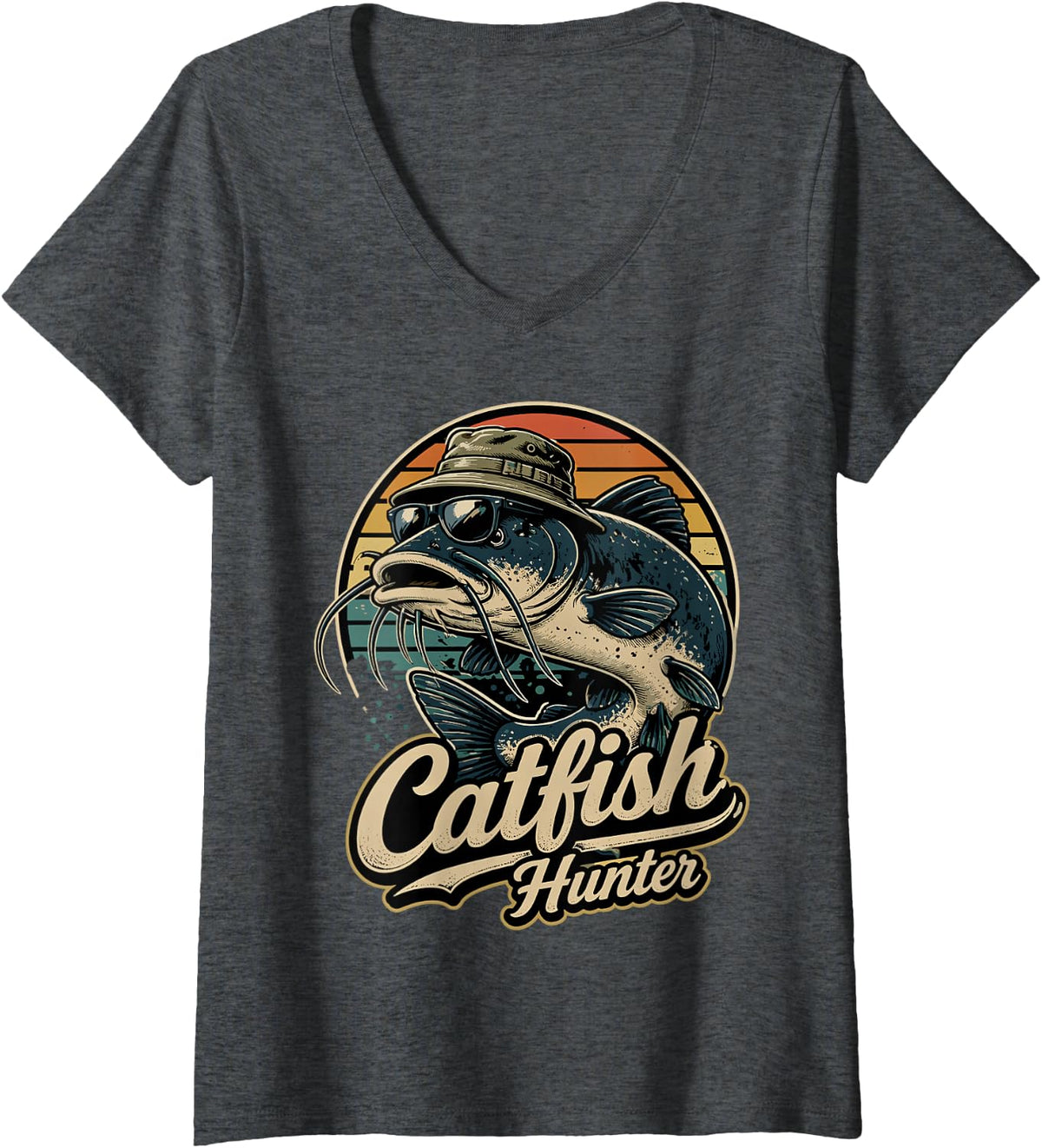 Women's Catfish Hunter Fishing Men Women Catfishing V-Neck T-Shirt - Dark Heather Grey