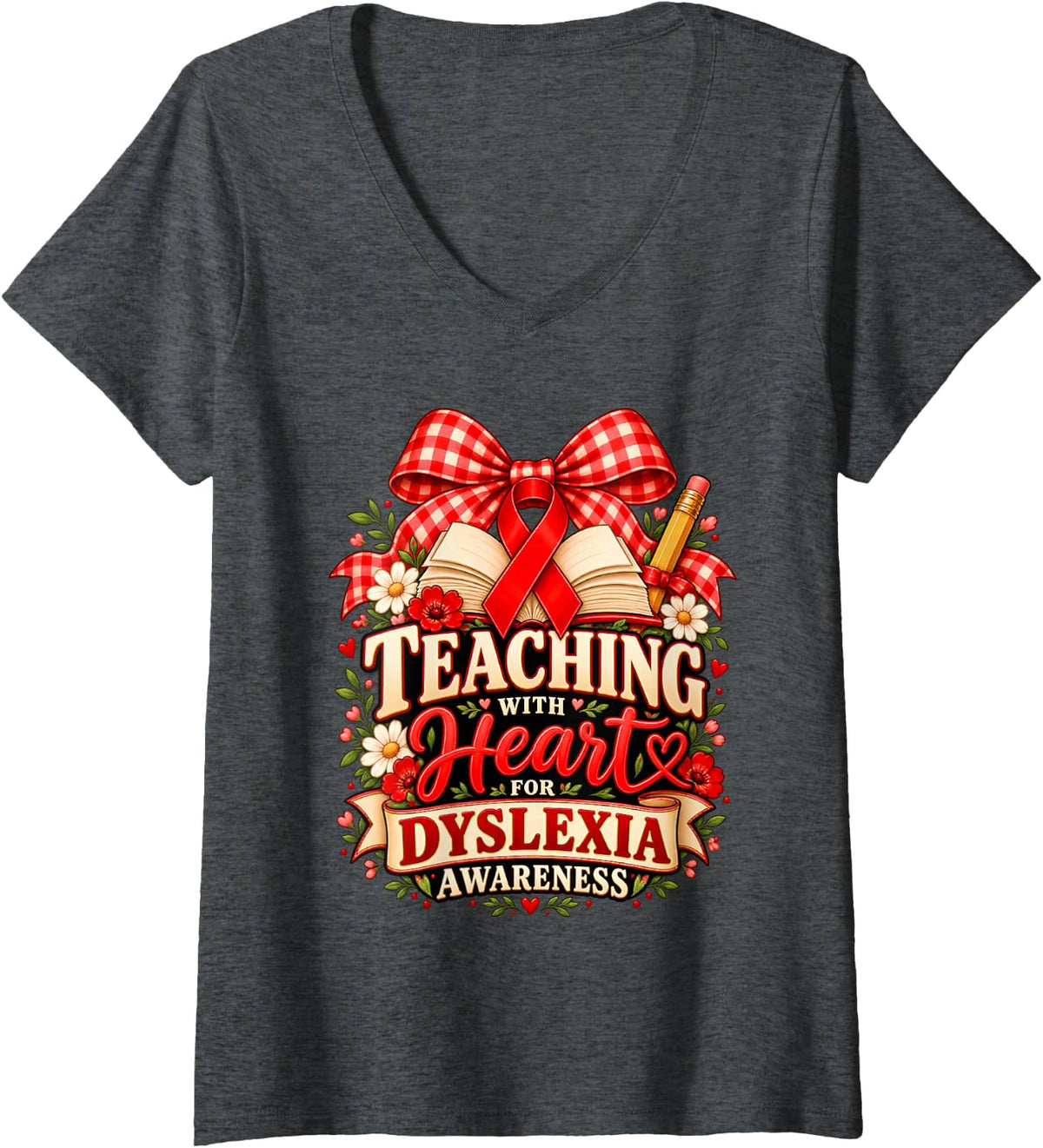 Women's Teaching with Heart for Dyslexia Awareness Teacher V-Neck T-Shirt - Dark Heather Grey