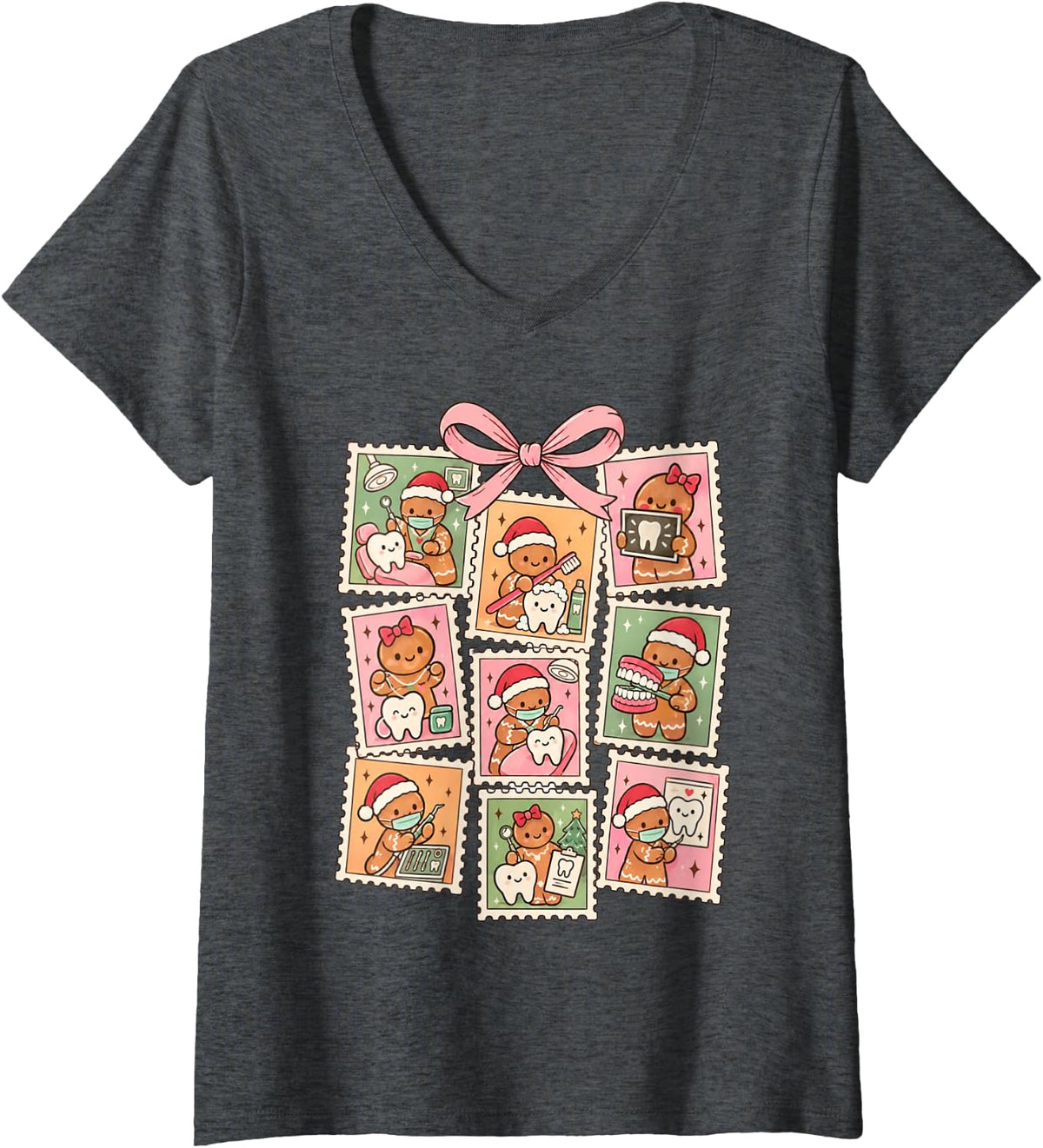 Women's Dental Hygienist Squad RDH Christmas Gingerbread Dentist Bow V-Neck T-Shirt - Dark Heather Grey