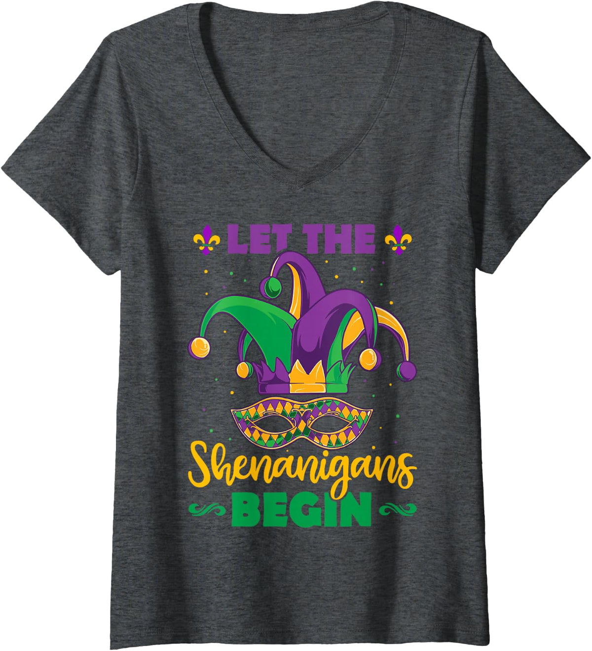 Women's Let The Shenanigans Begin Mardi Gras 2026 Orleans Carnival V-Neck T-Shirt - Dark Heather Grey