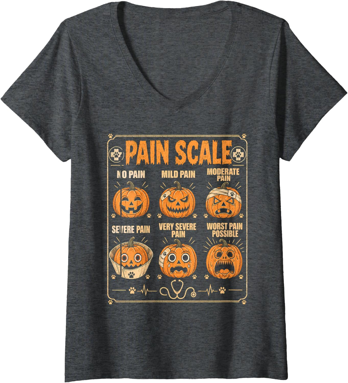 Women's Pumpkin Pain Scale Veterinarian Halloween Vet Tech Fall V-Neck T-Shirt - Dark Heather Grey