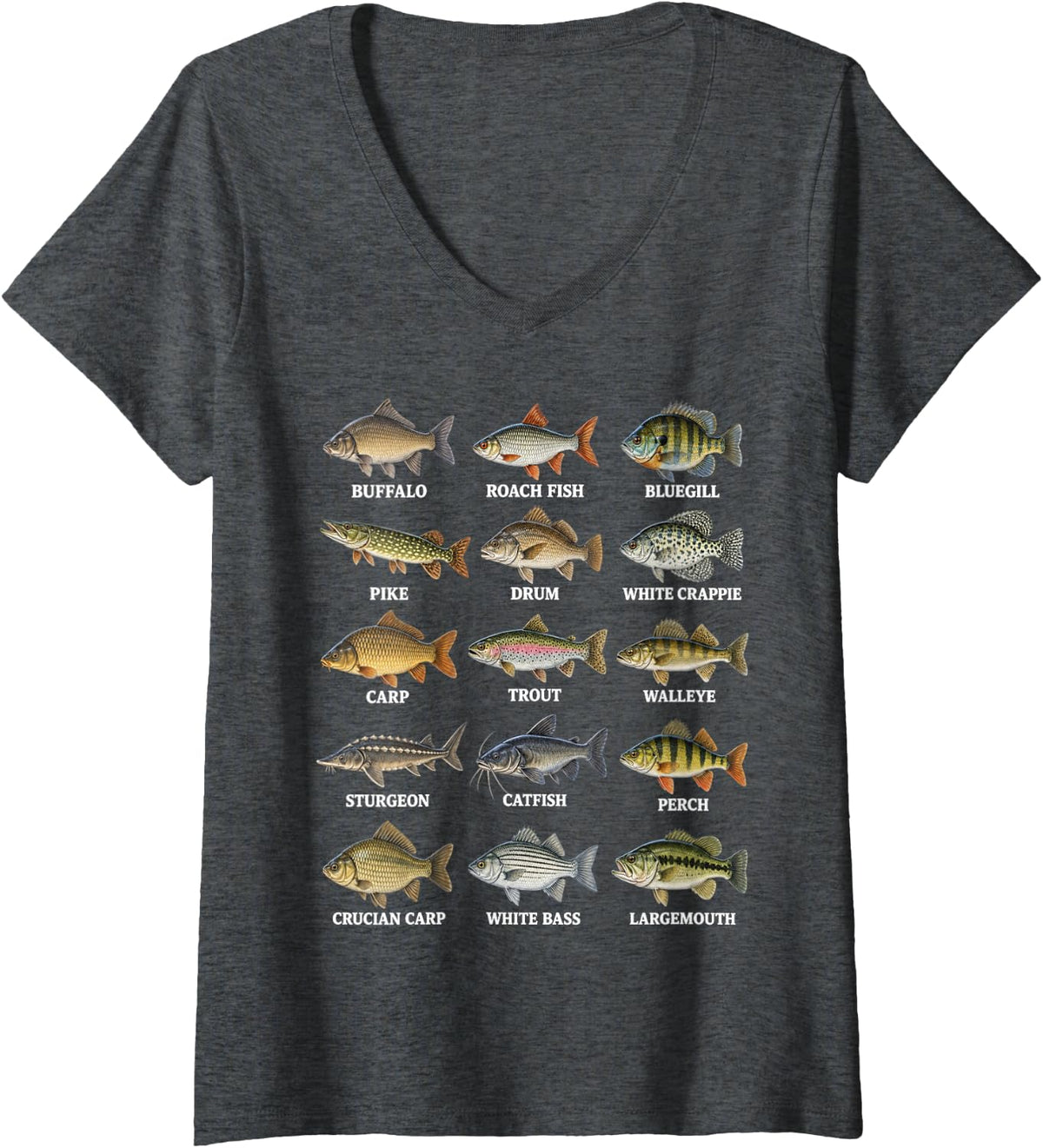 Women's Freshwater Fish Species Fishing Fisherman Angler Men V-Neck T-Shirt - Dark Heather Grey