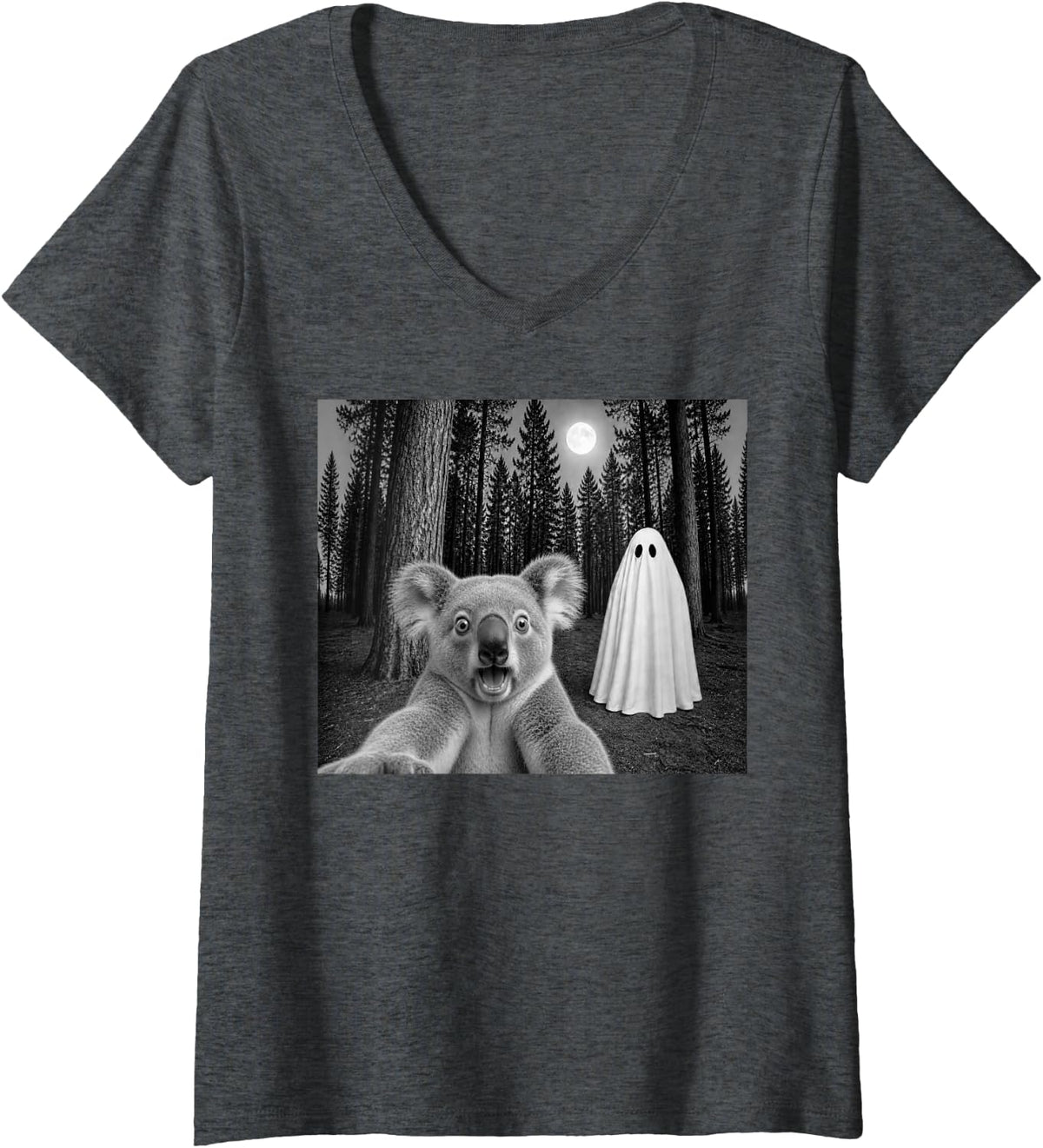 Women's Spooky Koala Selfie with Ghost Halloween V-Neck T-Shirt - Dark Heather Grey