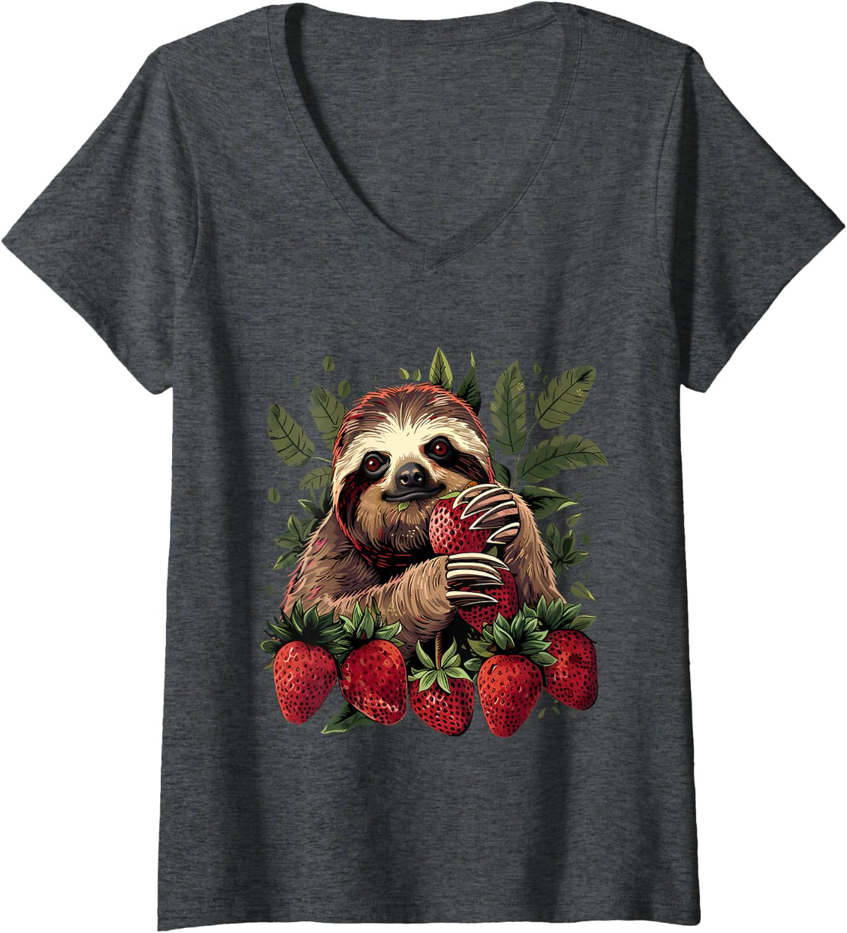 Women's Strawberry Sloth Wildlife Artwork Animal Art Strawberries V-Neck T-Shirt - Dark Heather Grey